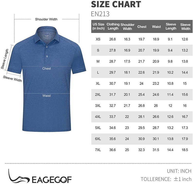 Puede incluir: Tabla de tallas para una camiseta polo azul con cuello y botones blancos. La tabla muestra las medidas en pulgadas para diferentes tallas, incluyendo la longitud de la prenda, el ancho de los hombros, el pecho, la cintura, la longitud de la manga y el ancho de la manga. La tabla est&aacute; etiquetada como "EN213" e incluye el texto "UNIT: INCH" y "TOLLERENCE: &plusmn;1 inch".
