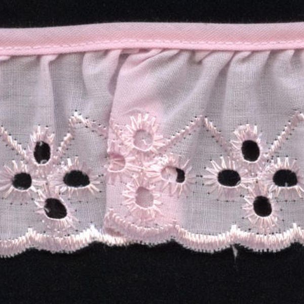 Eyelet lace trim cotton ruffled in pink for baby couture, bedding, blankets, decor