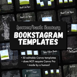 Peut inclure: Une collection de modèles bookstagram horreur et dark fantasy avec un arrière-plan de forêt sombre, une typographie gothique et des espaces réservés pour les critiques, notes et tropes de livres, incluant 30 modèles Canva modifiables.