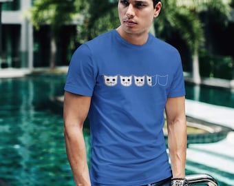 May include: A blue t-shirt featuring a series of cat face outlines. The design includes four cat faces, with the last one appearing as a pocket. The shirt is worn with blue jeans.
