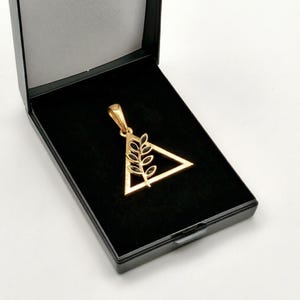 May include: A gold-toned triangular pendant featuring an internal branch motif with dark leaf-shaped accents. The pendant is displayed inside an open black jewellery box with a black velvet interior lining, showcasing a polished metallic finish.