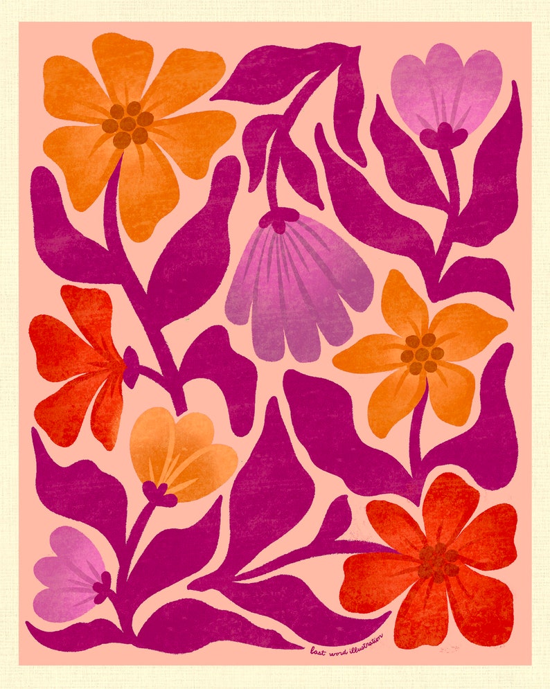 May include: A digital illustration of a floral pattern with pink, orange, and red flowers on a light pink background. The flowers are stylized and have a retro feel. The text "last word illustration" is at the bottom of the image.