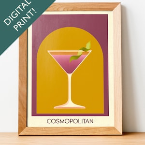 Digital Cosmopolitan Cocktail Print, Cosmo Cocktail Poster, Bar Wall Art, Classic Bar Cart Art Prints, Retro Print, Bar Accessories