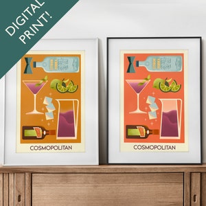 Digital Cosmopolitan Cocktail Print, Cosmopolitan Cocktail Poster, Bar Wall Art, Classic Bar Cart Art Prints, Retro Print, Bar Accessories