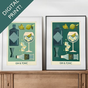 Digital Gin and Tonic Cocktail Print, Gin and Tonic Cocktail Poster, Bar Wall Art, Classic Bar Cart Art Prints, Retro Print, Bar Accessories