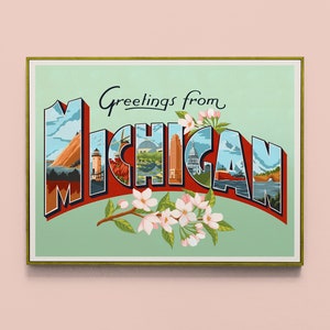 Vintage Michigan Postcard Print, Vintage Michigan Print, Saluti da Michigan Art, MI Postcard Art, Michigan Wall Decor, Michigan Print