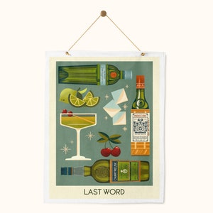 Puede incluir: Una ilustraci&oacute;n de estilo vintage de los ingredientes para un c&oacute;ctel Last Word. La ilustraci&oacute;n presenta botellas de Chartreuse verde, licor de marrasquino y jugo de lima, junto con una copa de c&oacute;ctel, cerezas y cubitos de hielo. El texto "LAST WORD" est&aacute; impreso debajo de la ilustraci&oacute;n.