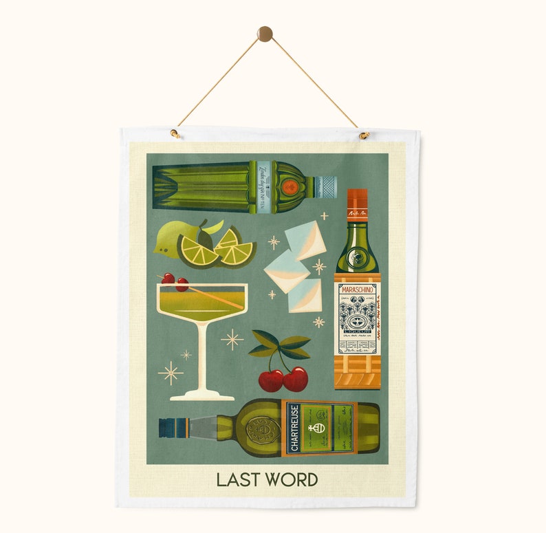 Puede incluir: Una ilustraci&oacute;n de estilo vintage de los ingredientes para un c&oacute;ctel Last Word. La ilustraci&oacute;n presenta botellas de Chartreuse verde, licor de marrasquino y jugo de lima, junto con una copa de c&oacute;ctel, cerezas y cubitos de hielo. El texto "LAST WORD" est&aacute; impreso debajo de la ilustraci&oacute;n.