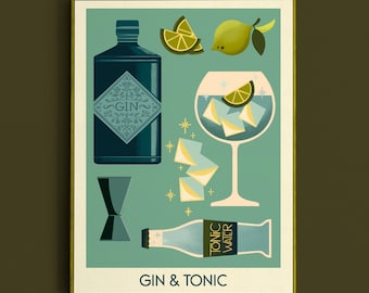 Gin and Tonic Cocktail Print, Gin and Tonic Poster, Bar Wall Art, Classic Bar Cart Art Prints, Retro Print, Bar Accessories