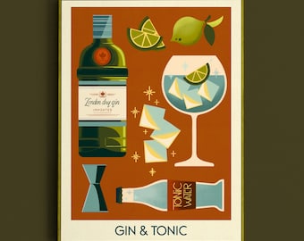 Gin and Tonic Cocktail Print, Gin and Tonic Poster, Bar Wall Art, Classic Bar Cart Art Prints, Retro Print, Bar Accessories