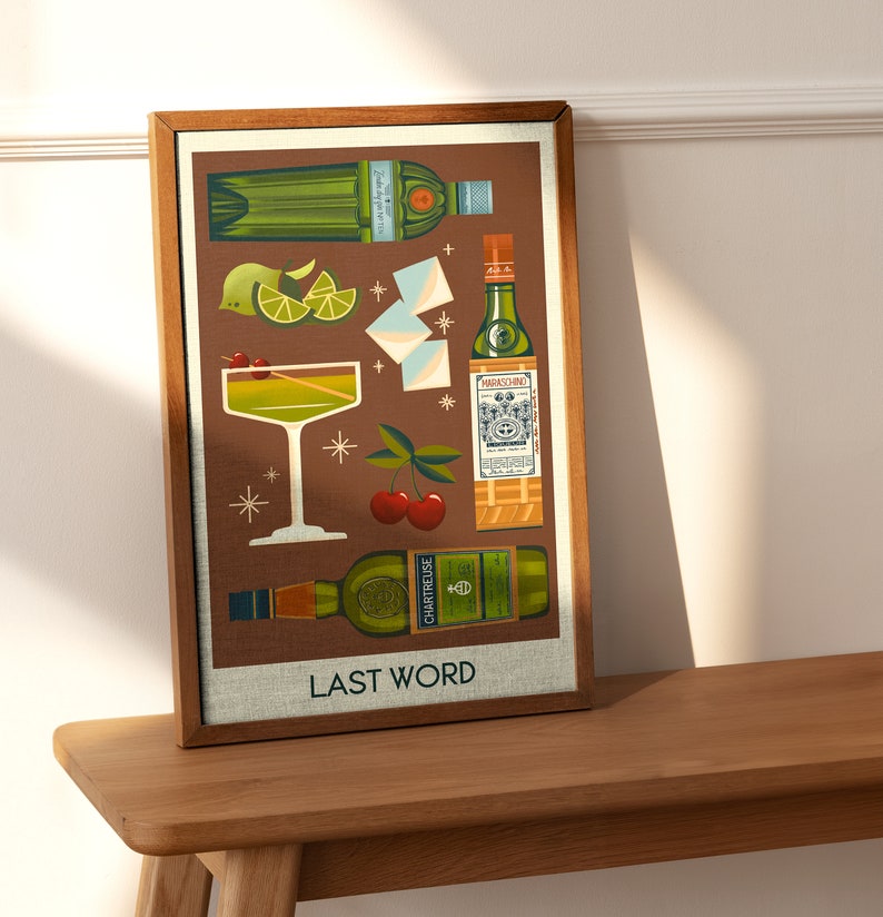Impresión de cóctel de última palabra, póster de última palabra, arte de pared de bar, impresiones de arte de carrito de bar clásico, impresión retro, accesorios de bar imagen 10