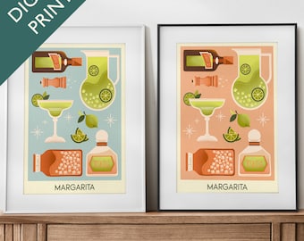 Stampa digitale Margarita Cocktail, Poster Margarita Cocktail, Arte della parete del bar, Stampe d'arte del carrello bar classico, Stampa retrò, Accessori bar