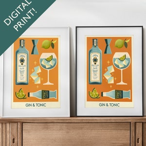 Digital Gin and Tonic Cocktail Print, Gin and Tonic Cocktail Poster, Bar Wall Art, Classic Bar Cart Art Prints, Retro Print, Bar Accessories