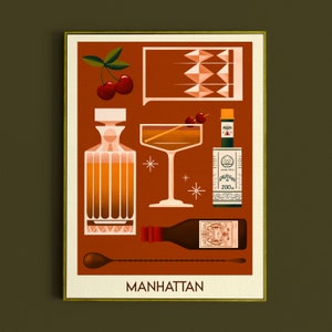 Impresión de cócteles de Manhattan, póster de Manhattan, arte de pared de bar, impresiones artísticas de carritos de bar clásicos, impresión retro, accesorios de bar
