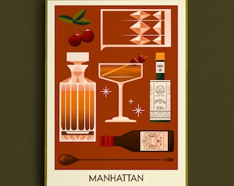 May include: A vintage-style illustration of a Manhattan cocktail recipe. The illustration features a glass of Manhattan, a bottle of Angostura bitters, a cherry garnish, a decanter of whiskey, a bar spoon, and the text "MANHATTAN".
