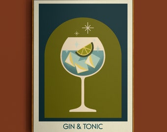 Gin and Tonic Cocktail Print, Gin and Tonic Poster, Bar Wall Art, Classic Bar Cart Art Prints, Retro Print, Bar Accessories