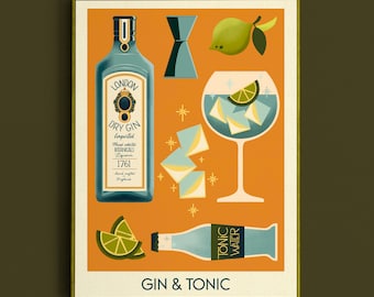 Gin and Tonic Cocktail Print, Gin and Tonic Poster, Bar Wall Art, Classic Bar Cart Art Prints, Retro Print, Bar Accessories