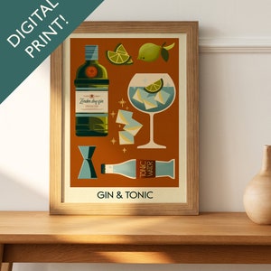 Digital Gin and Tonic Cocktail Print, Gin and Tonic Cocktail Poster, Bar Wall Art, Classic Bar Cart Art Prints, Retro Print, Bar Accessories
