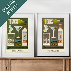 Digital Martini Cocktail Print, Martini Cocktail Poster, Bar Wall Art, Classic Bar Cart Art Prints, Retro Print, Bar Accessories
