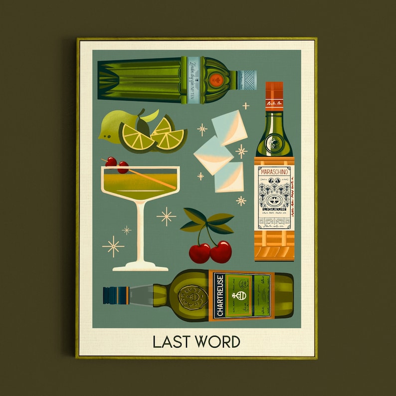 Impresión de cóctel de última palabra, póster de última palabra, arte de pared de bar, impresiones de arte de carrito de bar clásico, impresión retro, accesorios de bar imagen 1