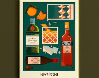 Negroni Cocktail Print, Negroni Poster, Bar Wall Art, Classic Bar Cart Art Prints, Retro Print, Bar Accessories