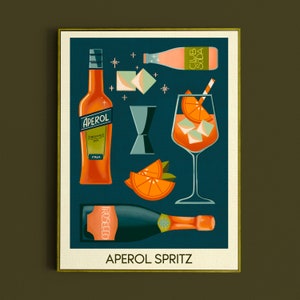 Impresión de cóctel Aperol Spritz, cartel de Aperol Spritz, arte de pared de bar, impresiones de arte de carrito de bar clásico, impresión retro, accesorios de bar