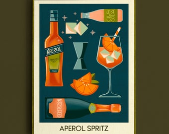 Aperol Spritz Cocktail Print, Aperol Spritz Poster, Bar Wall Art, Classic Bar Cart Art Prints, Retro Print, Bar Accessories