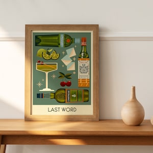 Puede incluir: Una ilustraci&oacute;n enmarcada de una receta de c&oacute;ctel llamada "Last Word". La ilustraci&oacute;n presenta un c&oacute;ctel verde en una copa de martini, botellas verdes y amarillas, cerezas, gajos de lima y cubitos de hielo sobre un fondo verde.