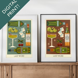 Digital Last Word Cocktail Print, Last Word Cocktail Poster, Bar Wall Art, Classic Bar Cart Art Prints, Retro Print, Bar Accessories