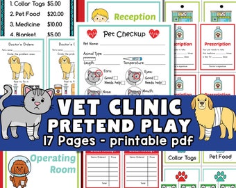 Vet Clinic Pretend Play Imprimibles, Vet Dramatic Play Imprimible, actividades para niños, juegos de simulación para niños pequeños, actividades preescolares, jardín de infantes