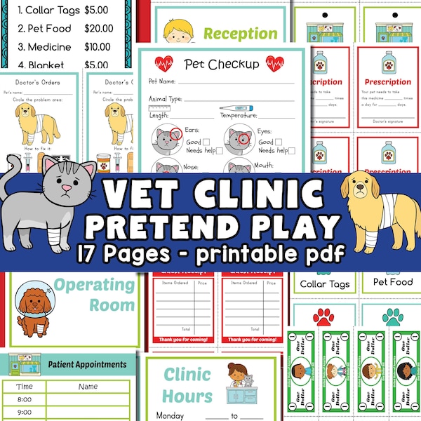 Vet Clinic Pretend Play Printables, Vet Dramatic Play Printable, kids activities, toddler pretend play, preschool activities, kindergarten