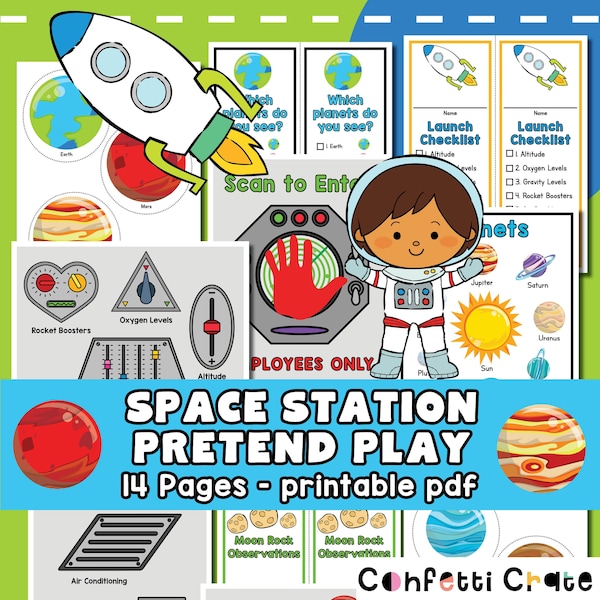 Space Station Pretend Play Printables, space dramatic play, astronaut pretend play, toddler activities, preschool printables, outer space