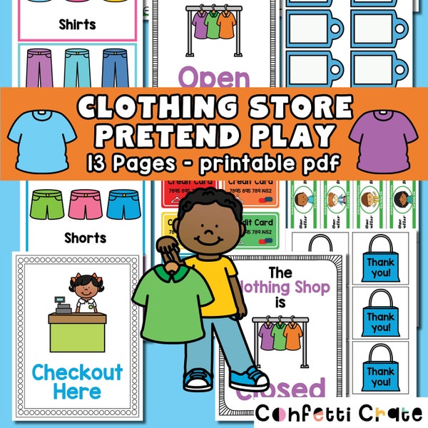 Clothing Store Pretend Play Printable, daycare activities, clothes dramatic play, preschool printables, toddler activities, kindergarten