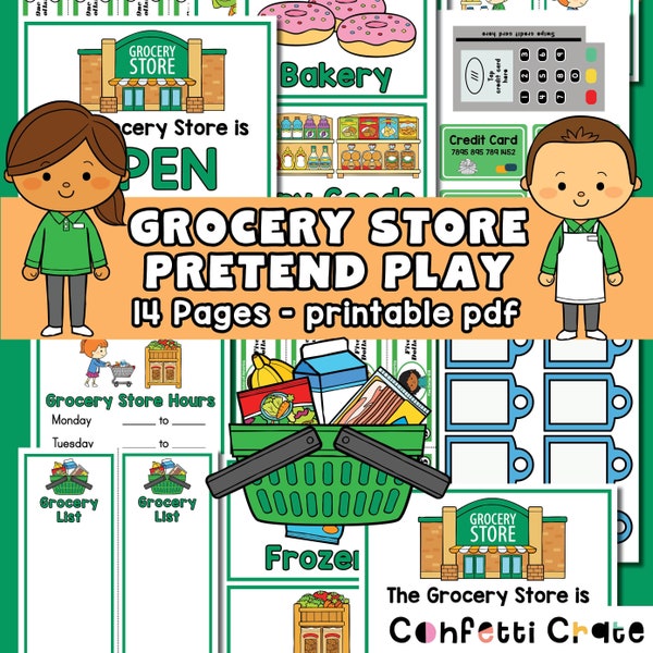 Kruidenier Pretend Play Printables, dramatisch spel van de supermarkt, voorschoolse activiteiten, playdate-activiteiten, peuter alsof, speelgeld