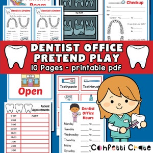 Imprimibles para juegos de simulación de dentista, actividades para niños, juego dramático, consultorio de dentista de simulación, actividades para niños pequeños, jardín de infantes