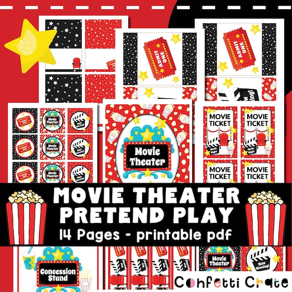 Movie Theater Pretend Play Printable, dramatic play, preschool printables, toddler activities, kids activities, movie night