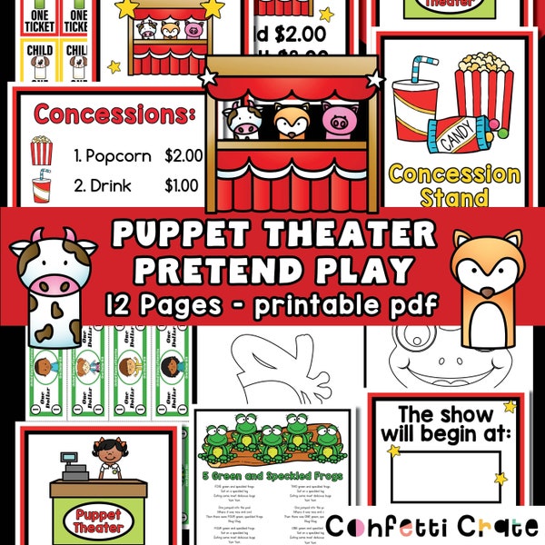 Puppet Theater Pretend Play Printables, dramatic play printables, printable puppets, preschool activities