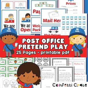 Post Office Pretend Play Printables, Dramatic play printable, role play, activities for kids, preschool teacher, play money, open ended play