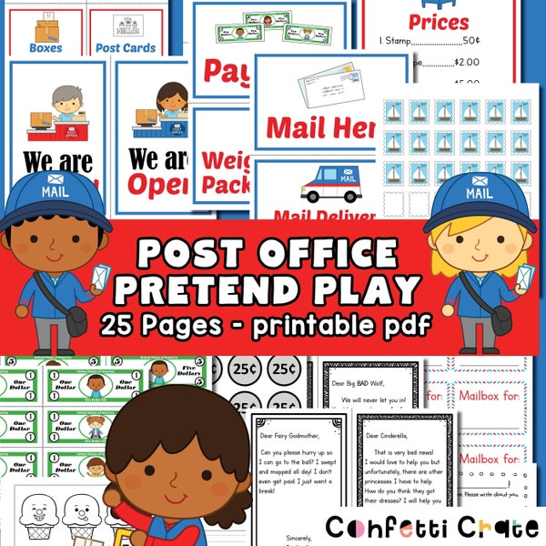 Post Office Pretend Play Printables, Dramatic play printable, role play, activities for kids, preschool teacher, play money, open ended play