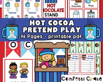 Hot Cocoa Pretend Play Printables, Hot Chocolate Stand Dramatic Play, winter games for kids, preschool printables, toddler activities