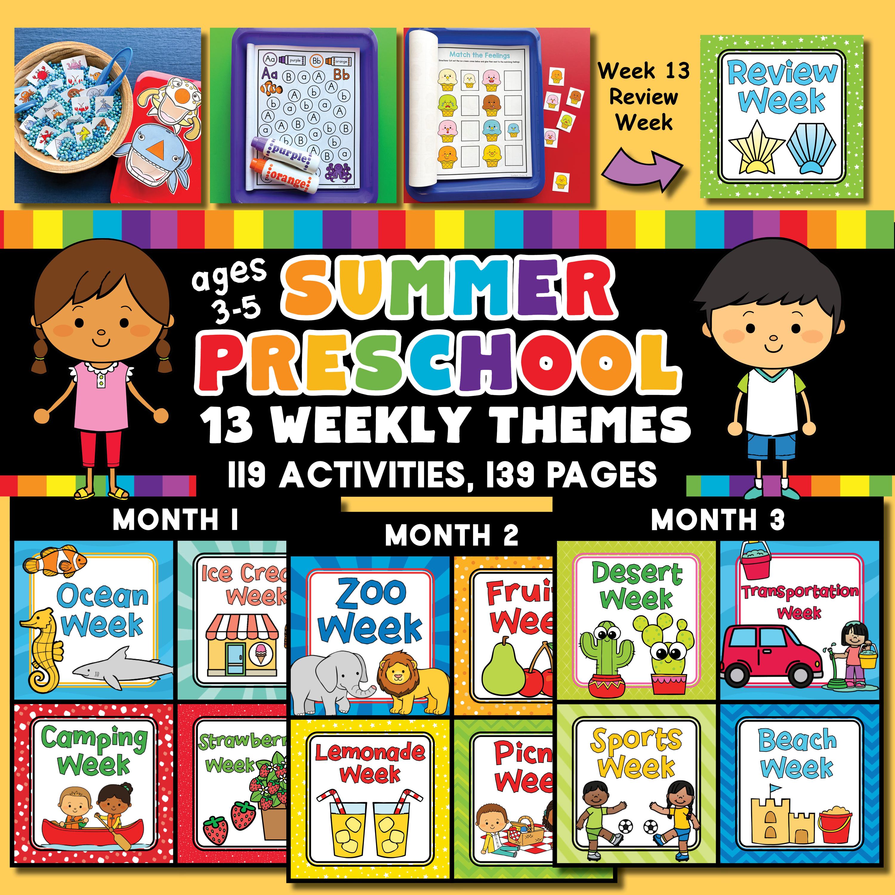Summer Preschool Curriculum, kindergarten ready, alphabet, numbers, shapes, colors, sensory play, fine motor skills, educational, printable