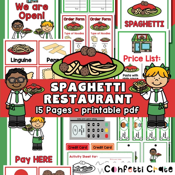 Spaghetti Restaurant Pretend Play Printable, dramatic play printables, pretend play menu, play money, toddler activities, daycare printables