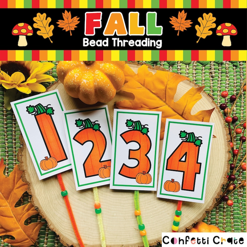 Fall Numbers Activity for Preschoolers, printable, pipe cleaners and beads, toddler activities, homeschool preschool, counting 1-10 image 1