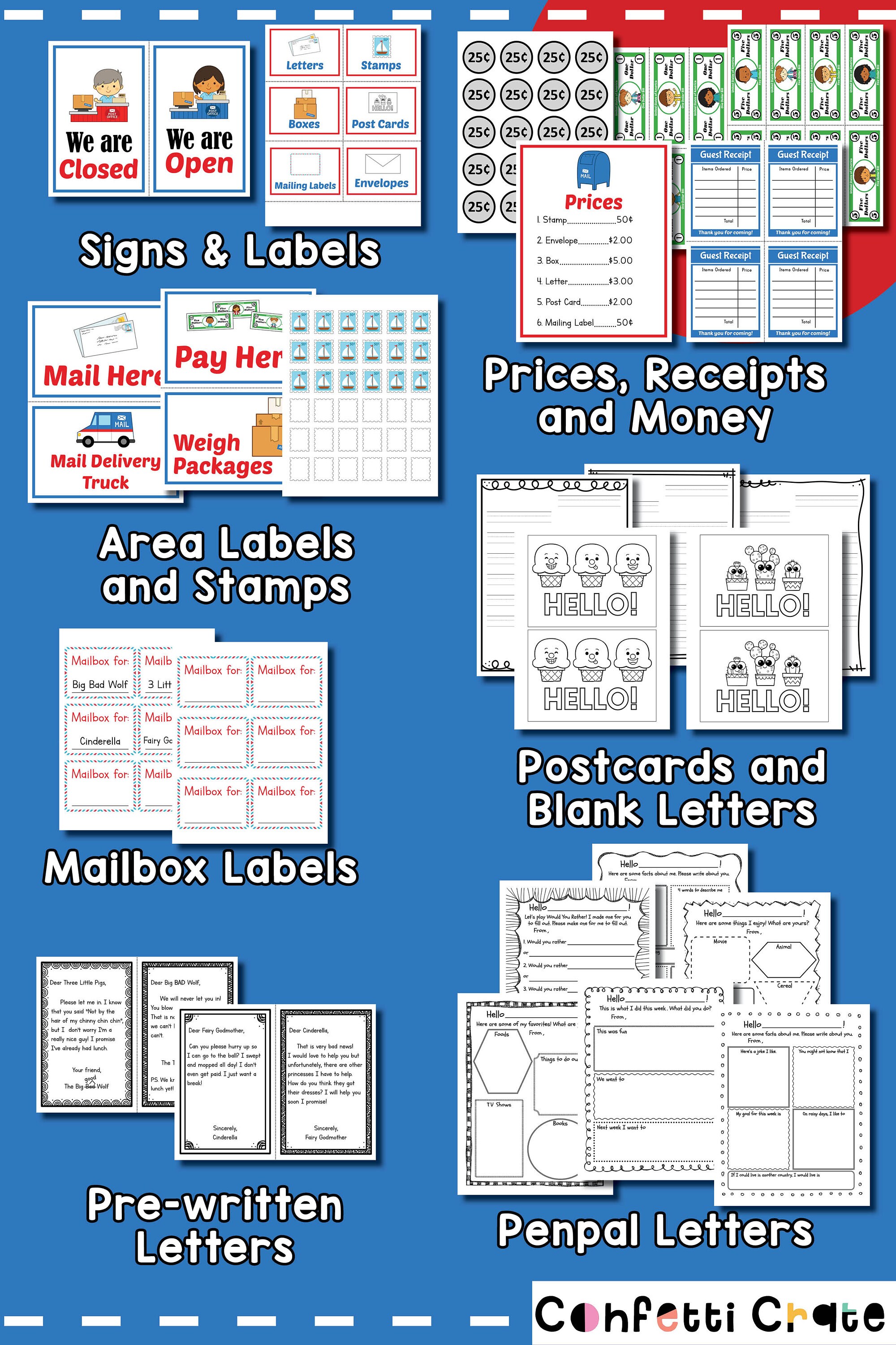 post-office-pretend-play-printables-dramatic-play-printable-role-play-activities-for-kids-preschool-teacher-play-money-open-ended-play-etsy