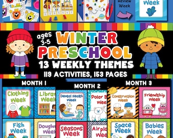 Winter Preschool Curriculum, kindergarten ready, alphabet, numbers, shapes, colors, sensory play, fine motor skills, educational, printable