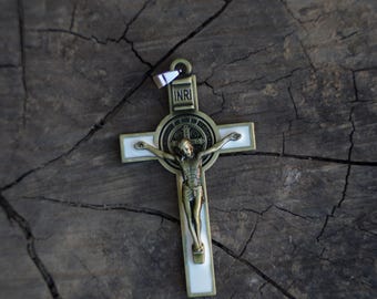 St. Benedict Crucifix Pendants | 3" Antique Gold & White Enamel | Rosary Making Supply | Pack of 3