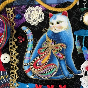 Slow Stitch Kit Blue Cat Kitty Junk Journal Mixed Media Fabric Pack