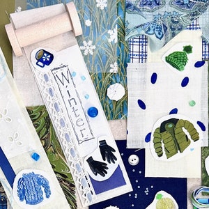Snippet Spool Winter Clothes Slow Stitch Kit Pack Roll Mixed Media Collage Art Bobbin