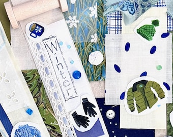 Snippet Spool Winter Clothes Slow Stitch Kit Pack Roll Mixed Media Collage Art Bobbin