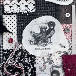 May include: A collection of fabric scraps in various colors and patterns, including red, black, white, and gray. The fabrics include lace, gingham, polka dots, and floral prints. There are also some small metal beads and a piece of paper with the text "Best Laced Polish".